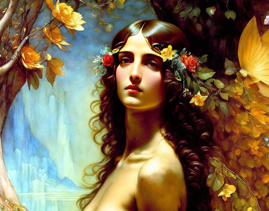 Portrait of Woman with Floral Crown in Autumn Setting