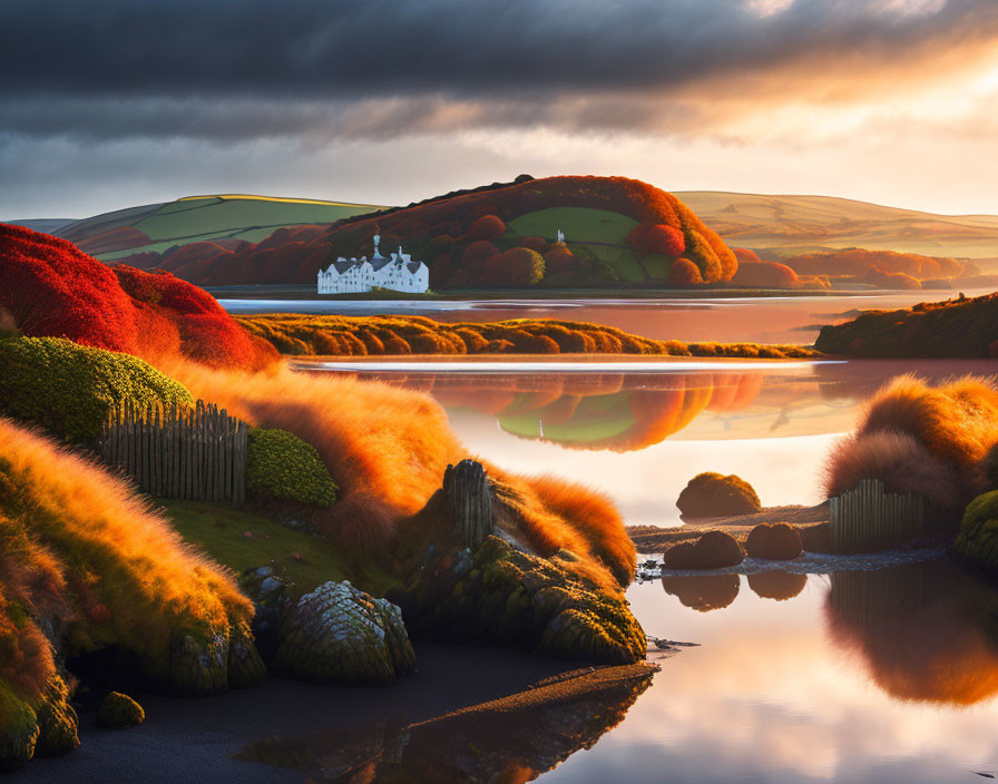 Serene lake reflecting autumn hills and white castle under golden sunrise