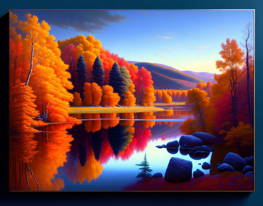 Autumn foliage reflecting in tranquil lake with mountains at sunrise.