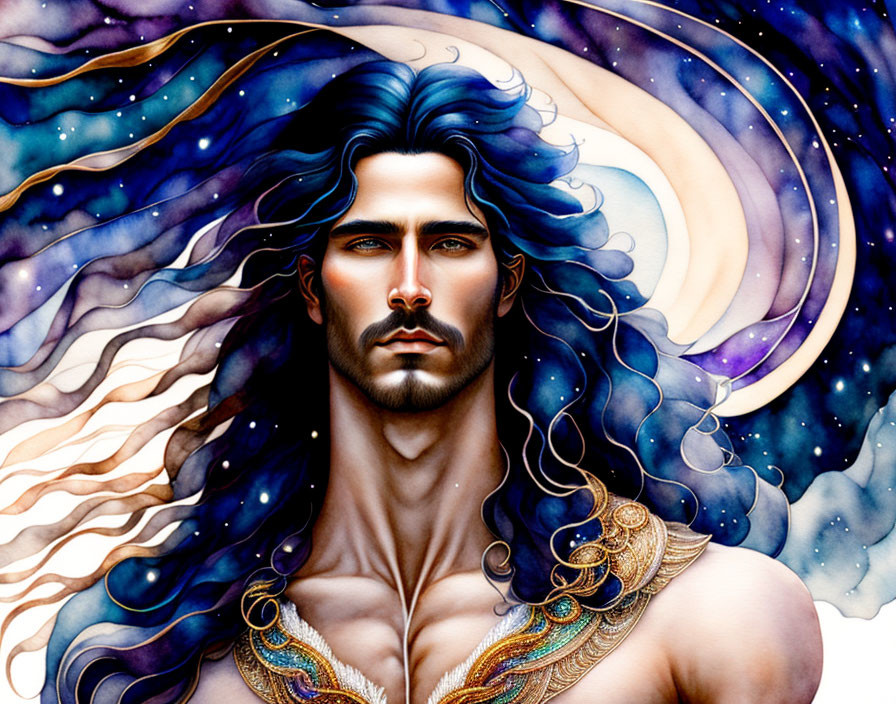 Man with flowing hair in cosmic background with stars and moon motifs