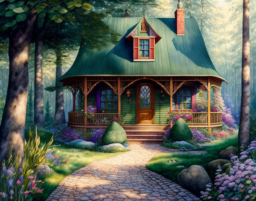 Charming cottage in lush forest with cobblestone path & vibrant flowers