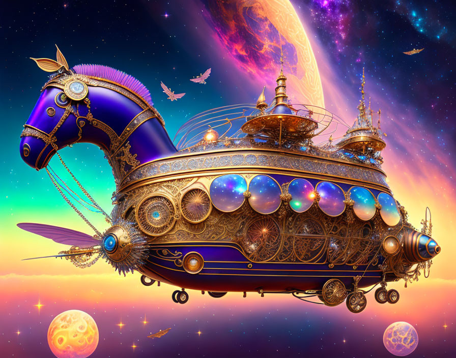 Steampunk-style airship with horse head prow in cosmic backdrop