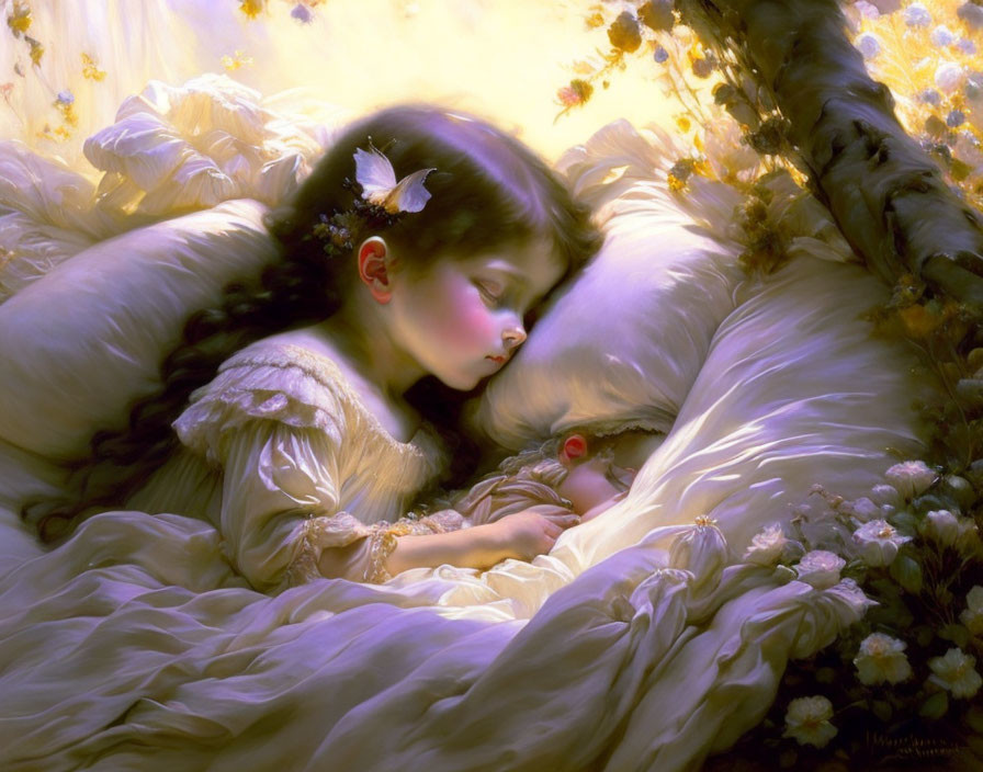 Tranquil painting of young girl sleeping among flowers