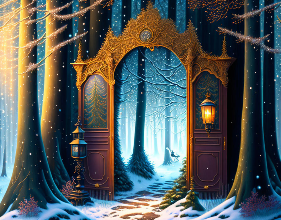 Golden door reveals snow-covered forest with lantern and wolf