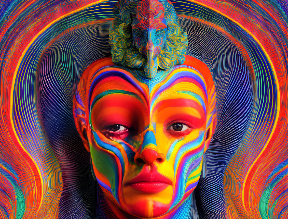 Colorful Face and Body Paint on Person with Psychedelic Background