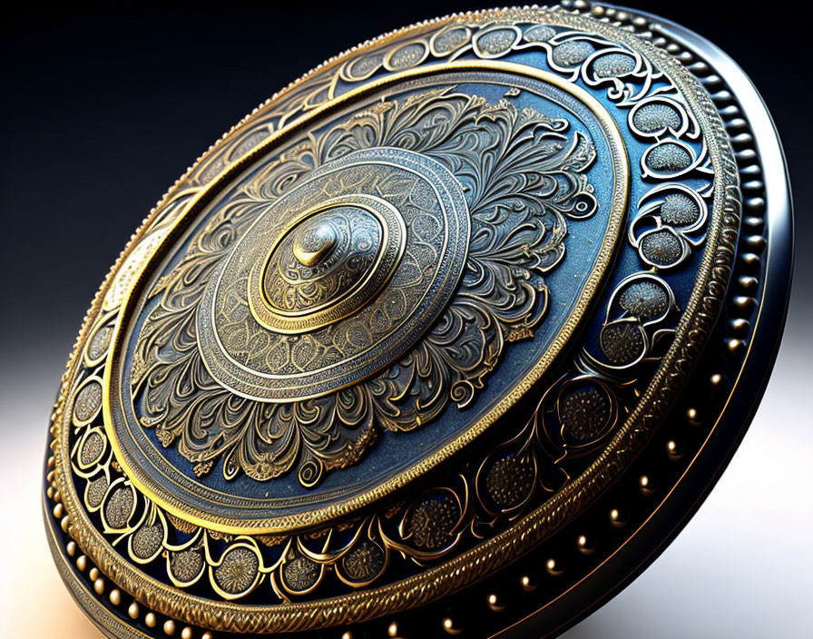 Circular Pattern Metal Shield with Central Dome and Ornate Gold Details