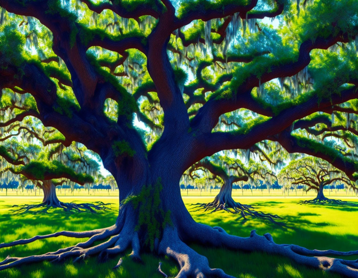 Majestic tree with intricate branches in sunlit field