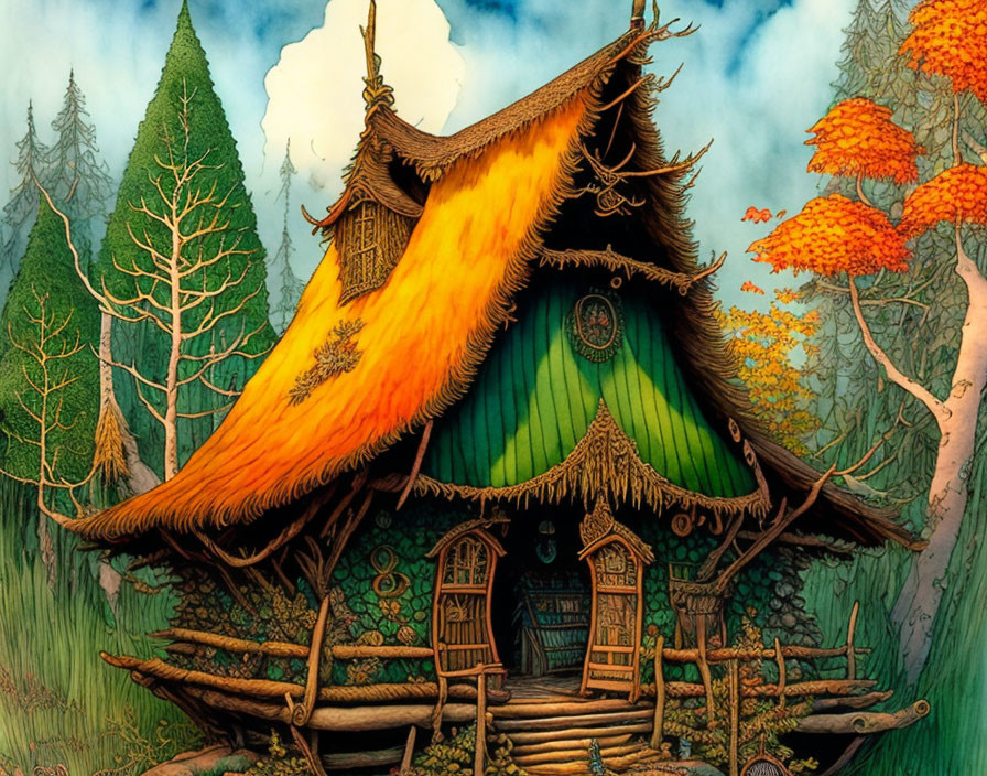 Quaint Thatched-Roof House in Autumn Forest Clearing