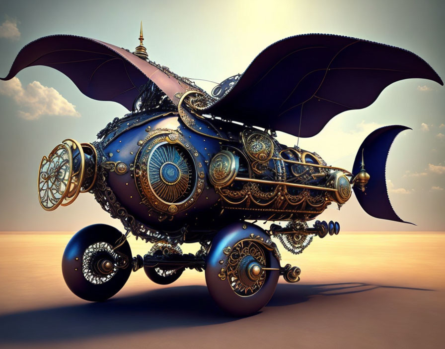 Steampunk-style vehicle with bat-like wings and golden accents