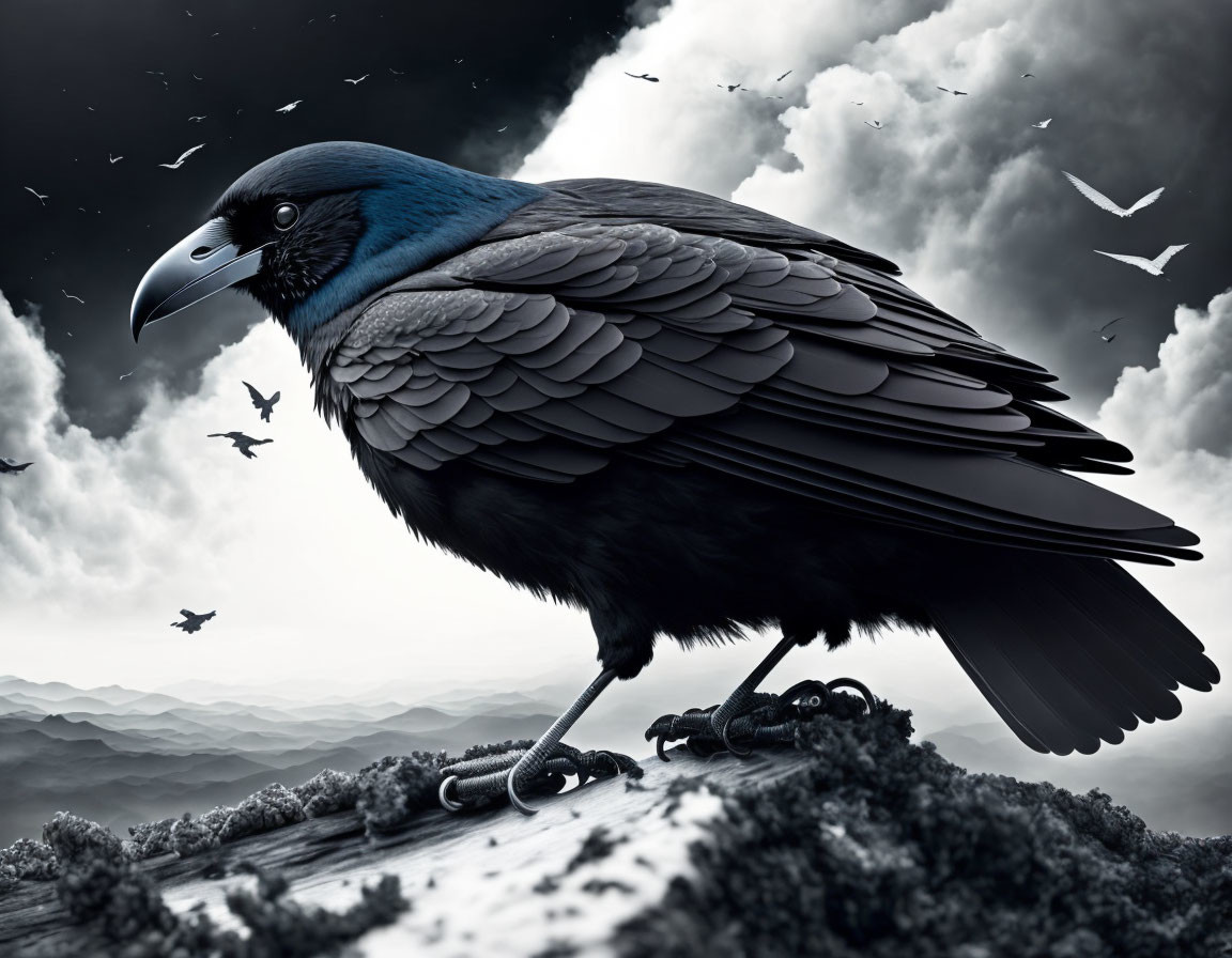 Detailed image: Raven with iridescent feathers on rock against stormy sky & mountains