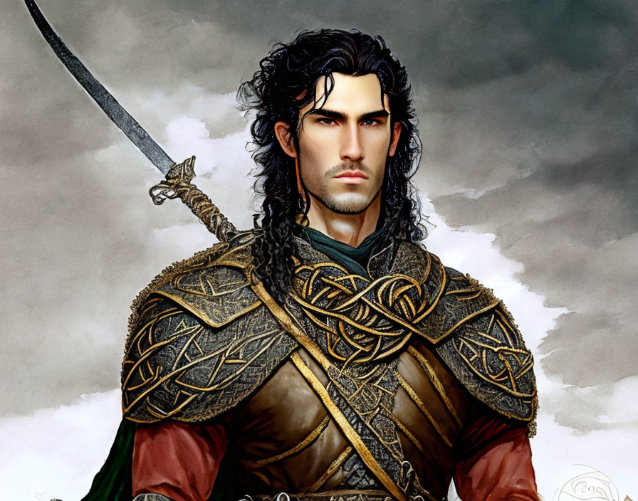 Male warrior illustration: stern expression, long dark hair, sword, ornate armor with gold trim and