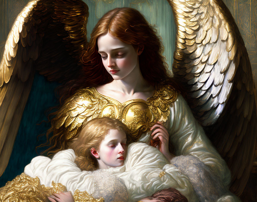 Golden-armored angel cradling sleeping child in ornate setting