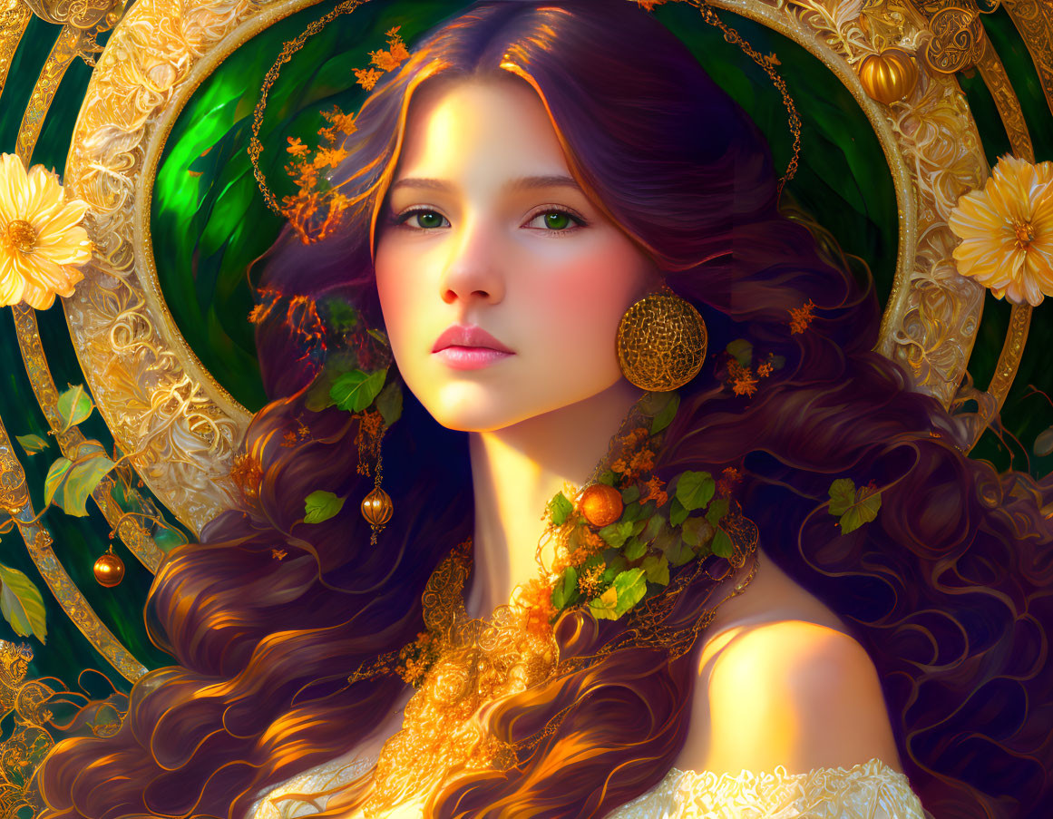 Woman with flowing brown hair and gold jewelry in autumn-themed digital painting