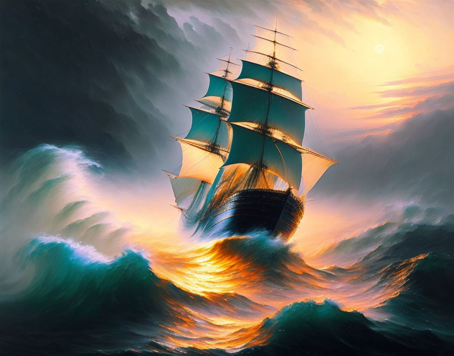 Tall ship sailing in turbulent seas under golden sunlight