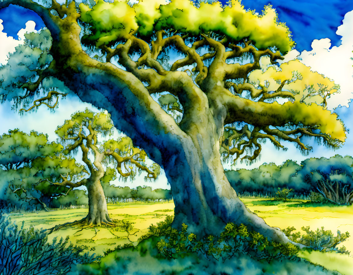 Vibrant savanna illustration with majestic trees under clear blue sky