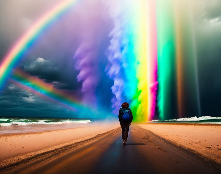 Person walking towards oversized rainbow on beach under dark clouds.