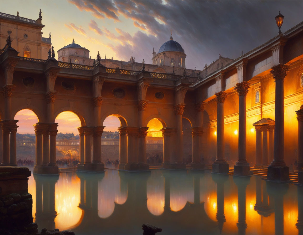 Neoclassical architectural scene with warm dusk light reflecting in water