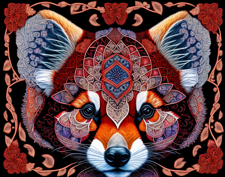 Symmetrical digital artwork of a fox with floral motifs