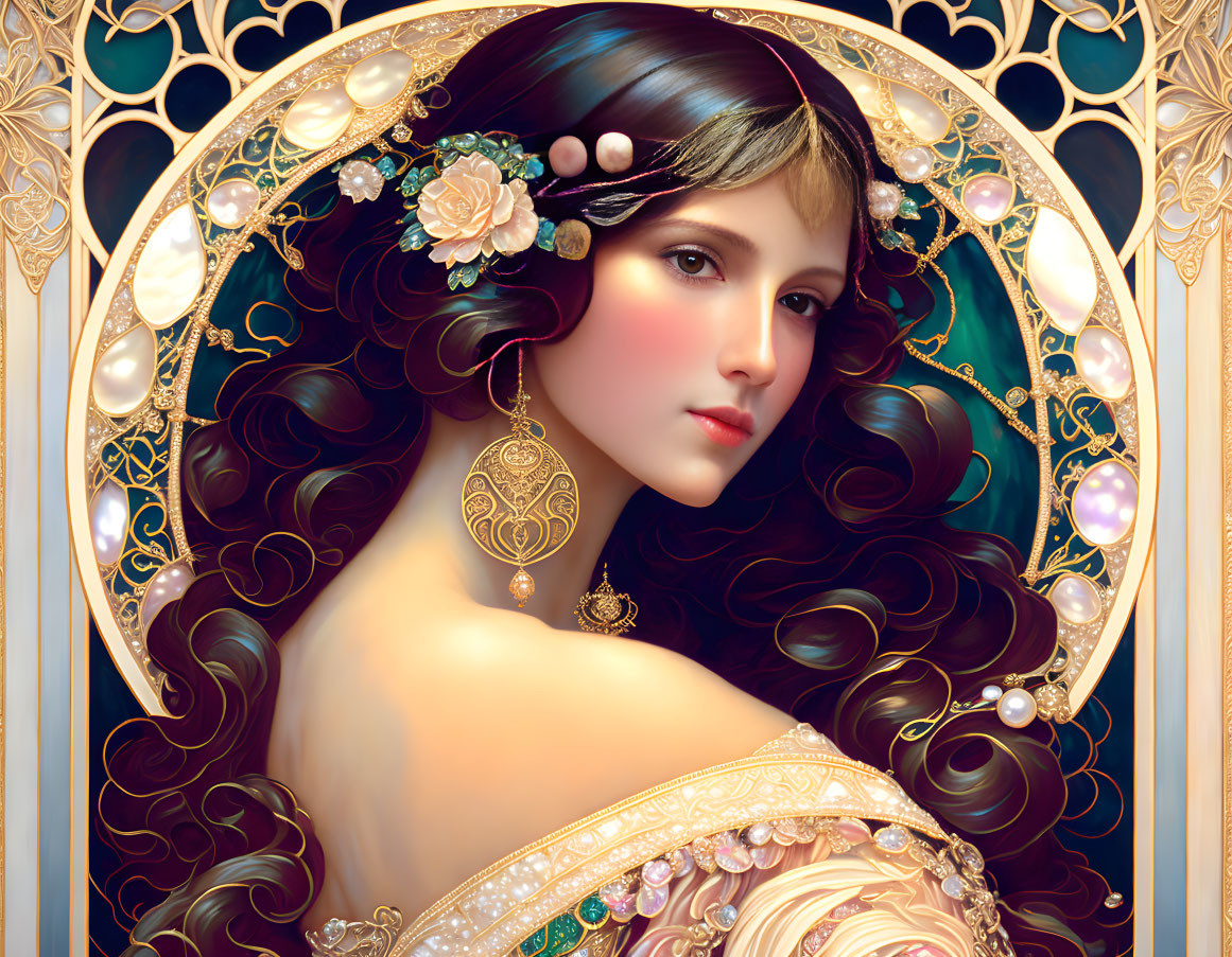 Art Nouveau-Inspired Portrait: Woman with Dark Hair, Pink Flowers, Pearls, and