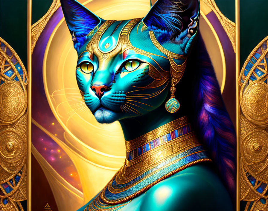 Detailed anthropomorphic cat with blue fur and golden jewelry in cosmic setting