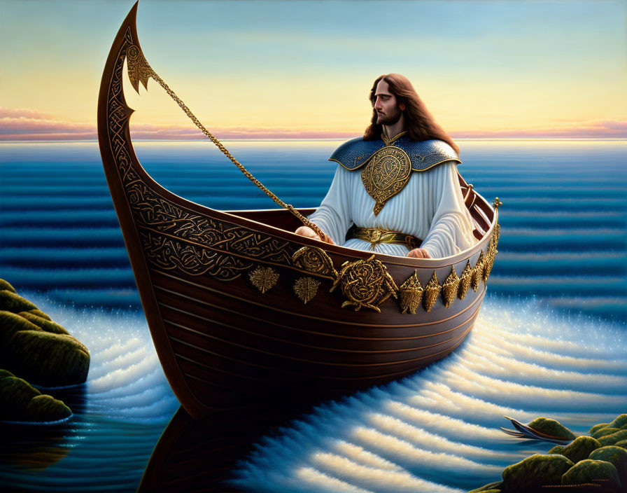 Ornate armor-clad man in boat on tranquil sea at sunrise or sunset