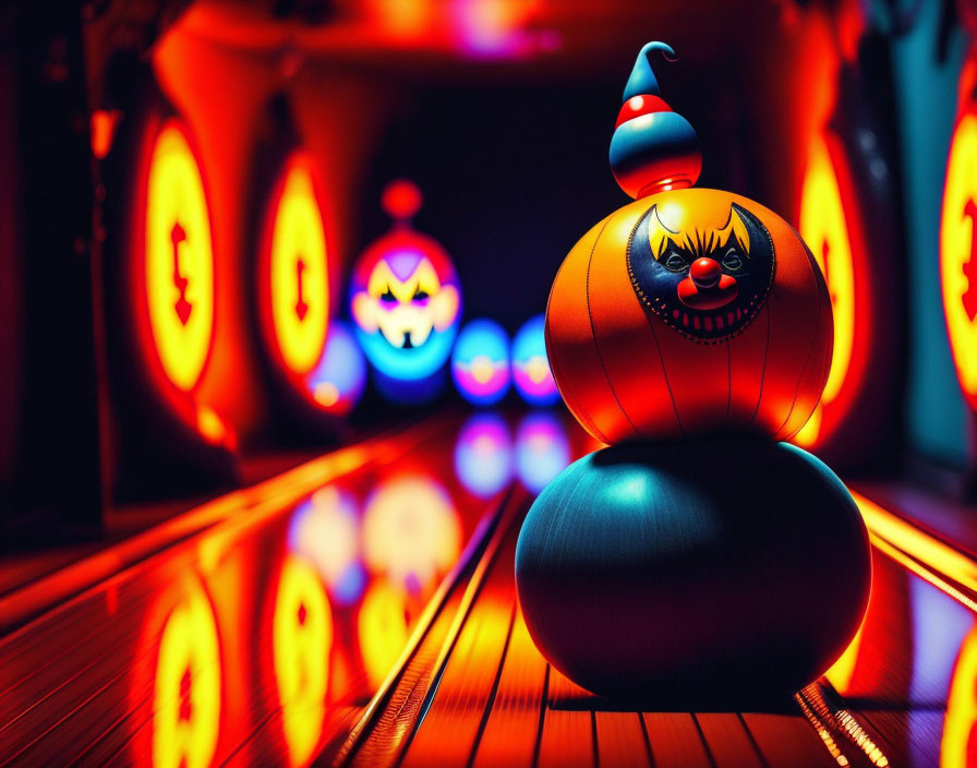 Halloween-themed bowling alley with jack-o'-lantern ball & spooky face pins