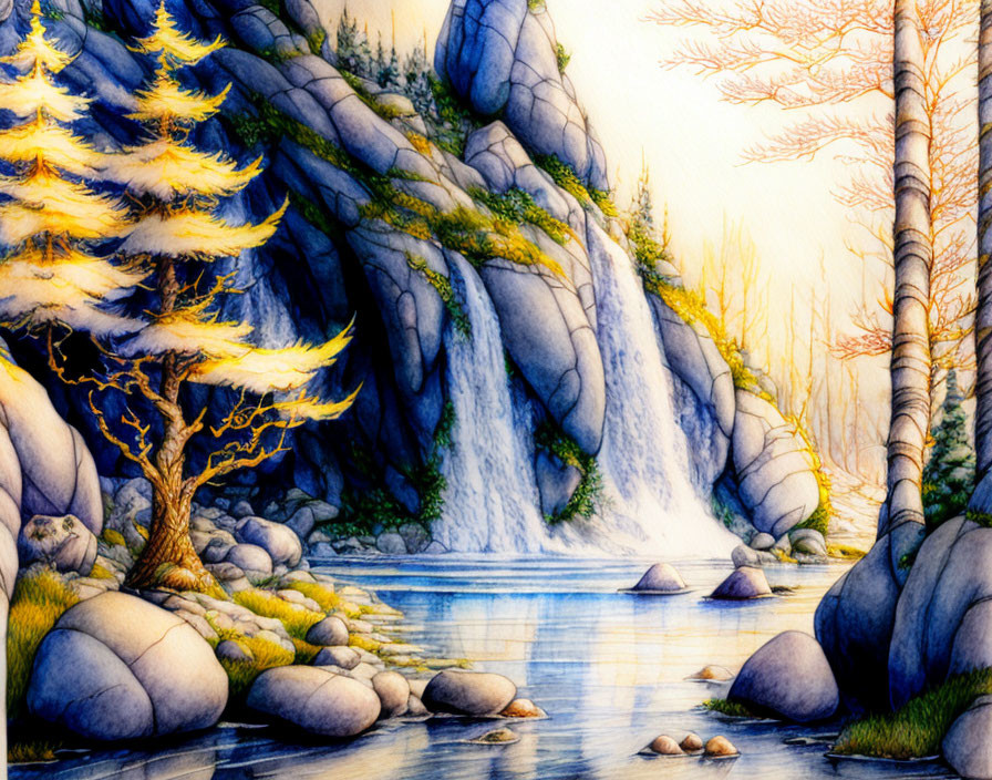 Tranquil river landscape with golden trees and waterfall