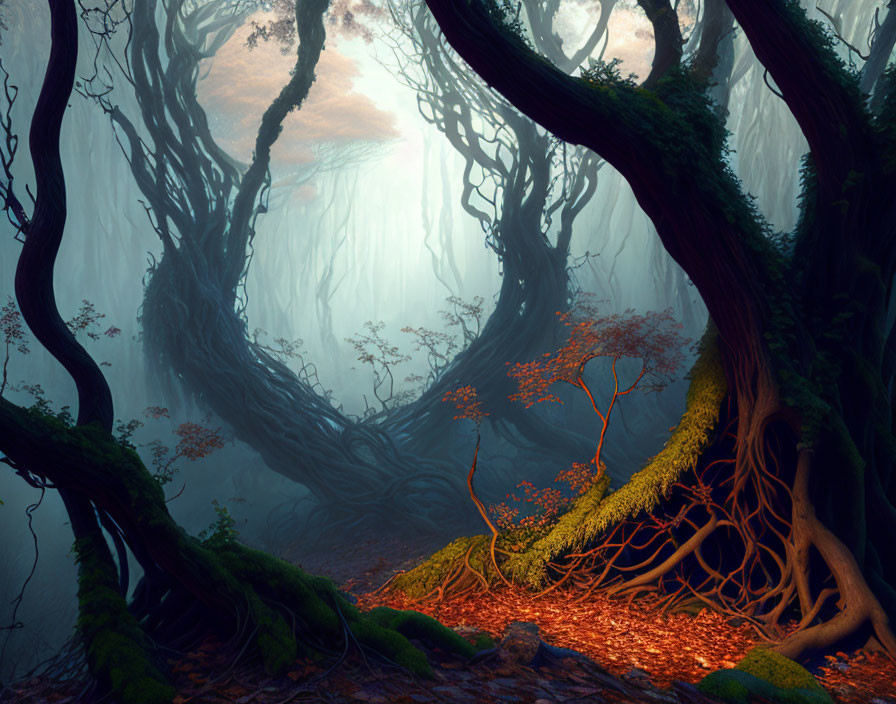 Misty forest scene with twisted ancient trees and autumn leaves