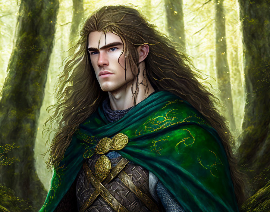 Elf with Long Wavy Hair in Ornate Armor and Green Cloak