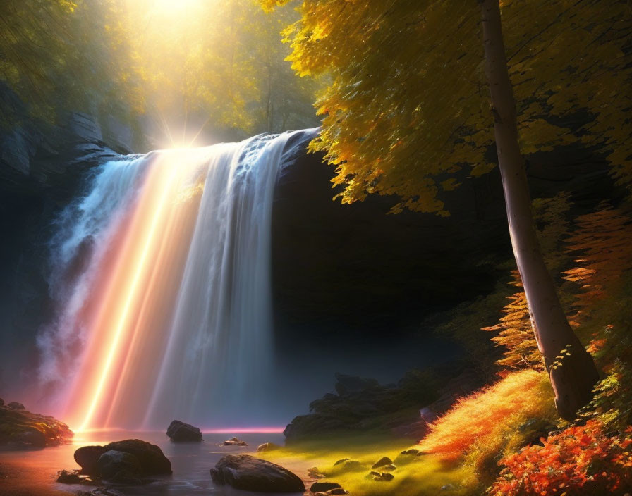 Sunbeam illuminating misty waterfall in autumn forest.