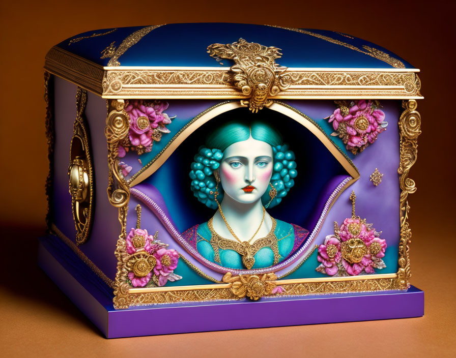 Blue and Purple Portrait Woman Ornate Box with Golden Floral Accents