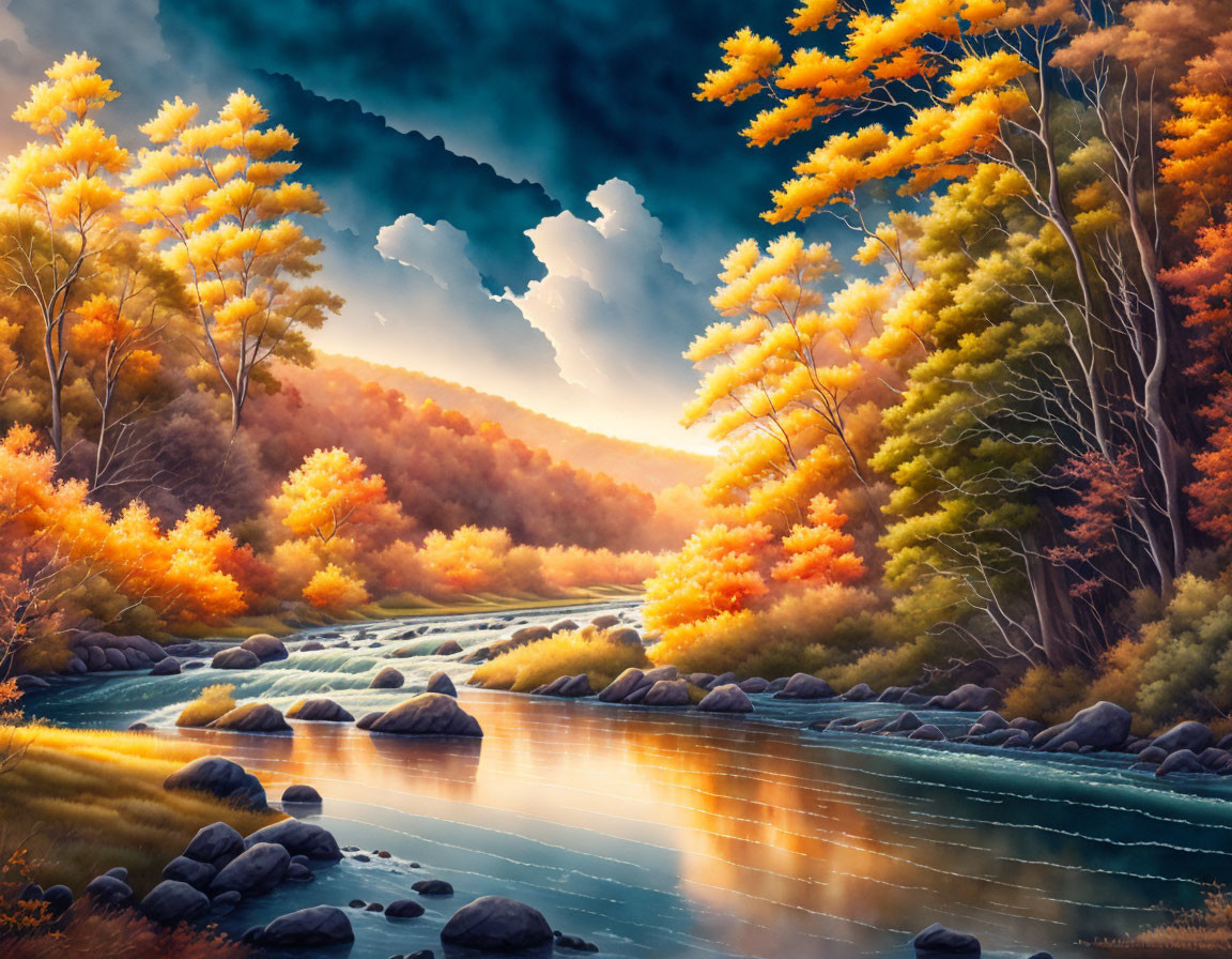 Tranquil autumn landscape with vibrant foliage and flowing river