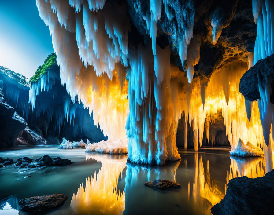 Majestic ice cave with vibrant stalactites and reflective water surface