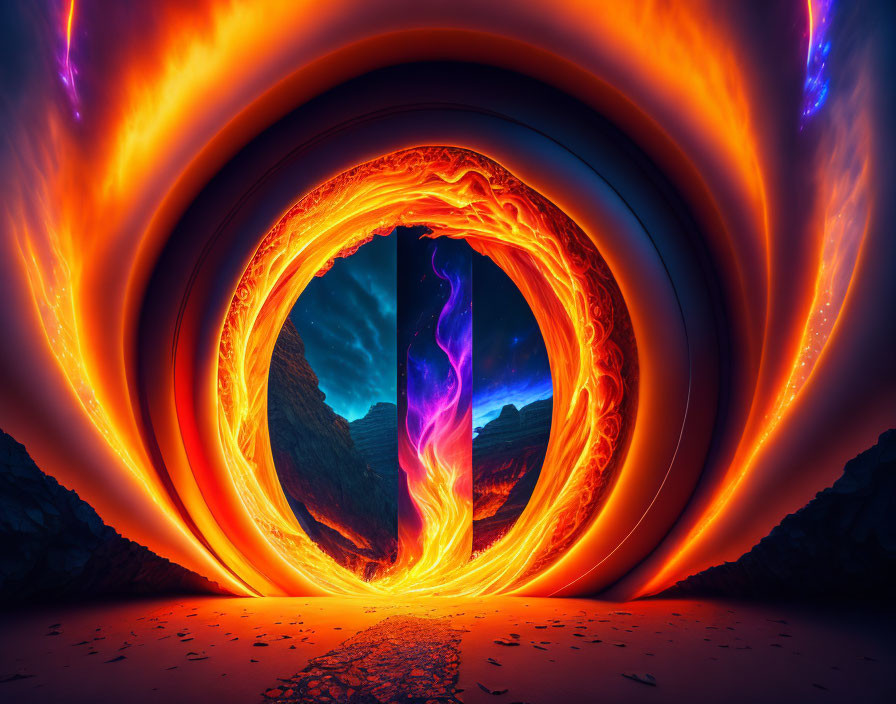 Orange and Blue Flames Portal in Rocky Canyon at Twilight