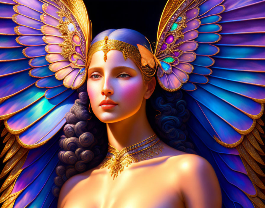 Woman with blue and gold wings and jewelry on dark background