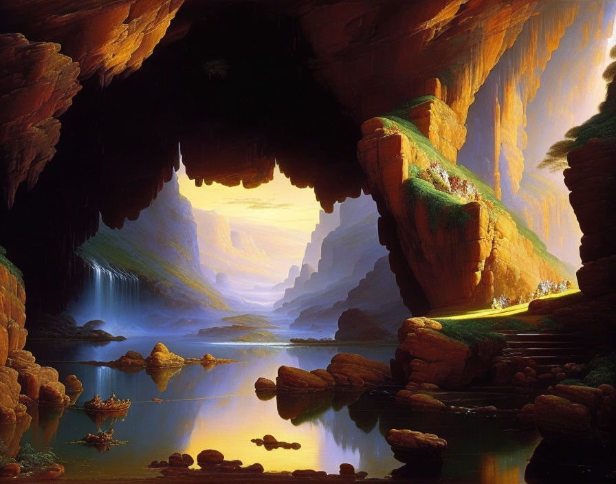 Tranquil cave with river, sunlight, greenery, waterfalls & boat