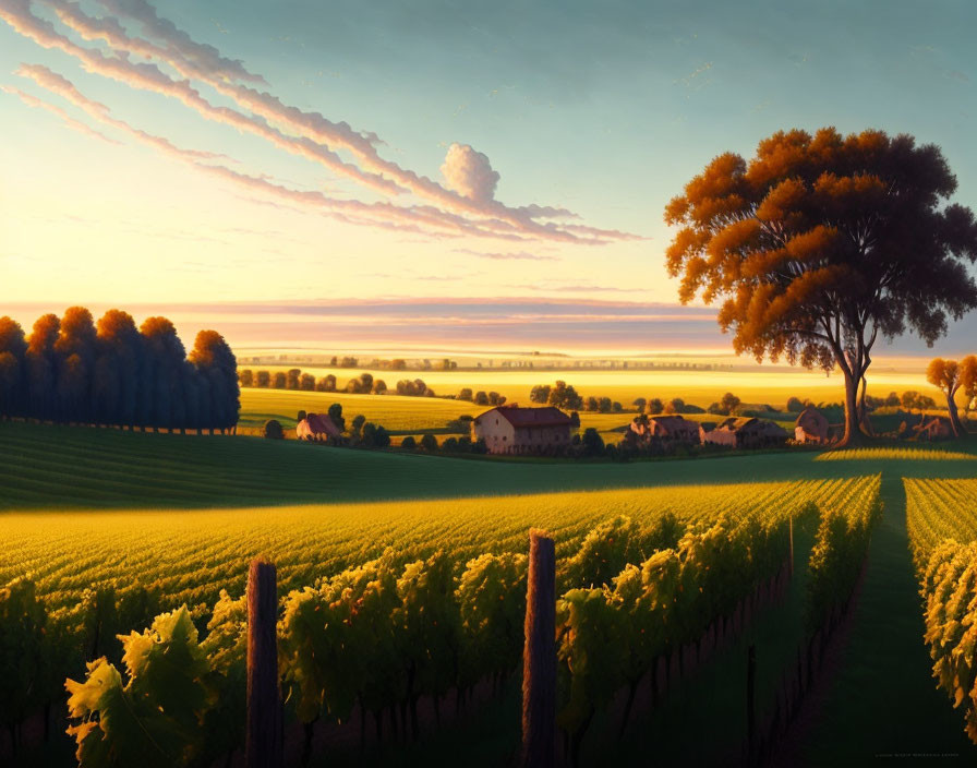 Tranquil sunset landscape with vibrant vineyards, tree line, and streaked sky