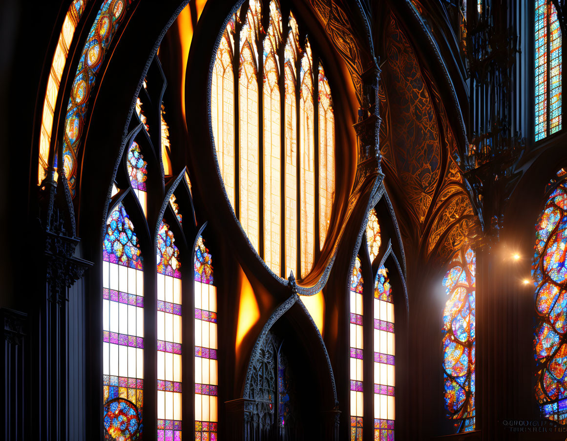 Vivid patterns from sunlight through gothic stained glass