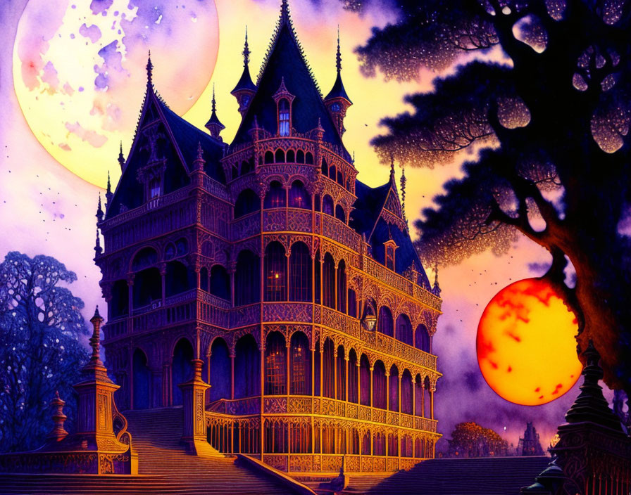 Gothic mansion under two moons in twilight sky with silhouetted trees