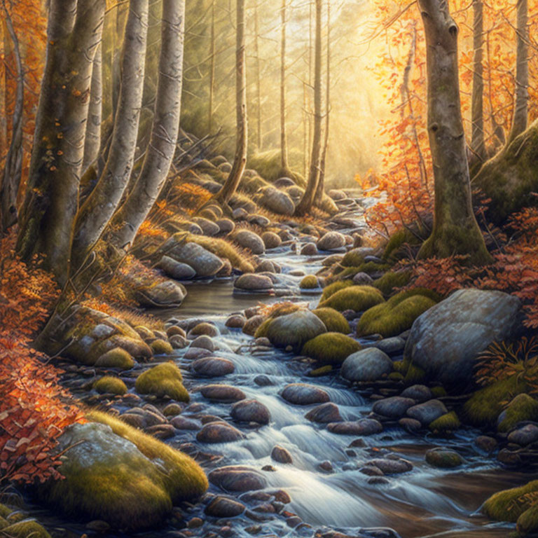 Tranquil autumn forest scene with brook, golden leaves, sunlight, and moss-covered stones