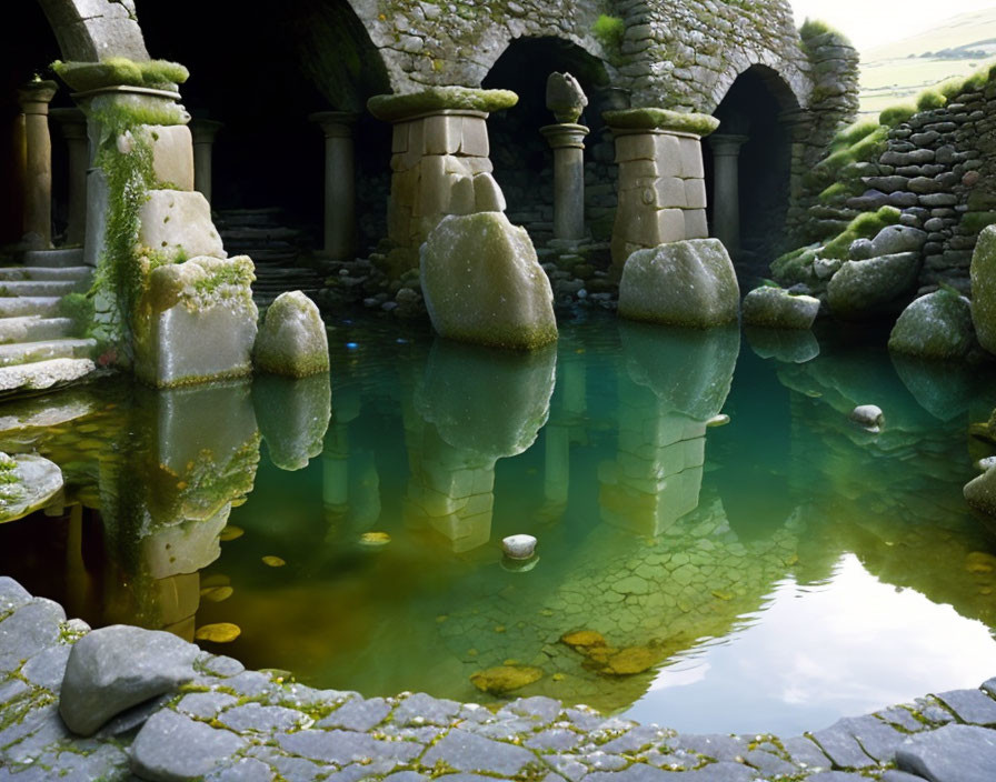 Submerged Ancient Stone Columns Reflecting Green Landscape