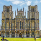 Illustration of grand Gothic cathedral with ornate facades and flying buttresses against blue sky