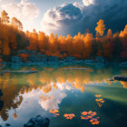 Tranquil autumn landscape with golden trees, lake reflection, and floating leaves