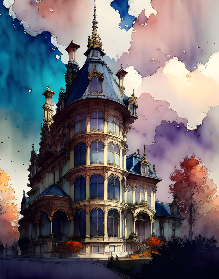 Ornate Victorian Mansion with Turrets in Watercolor Sky