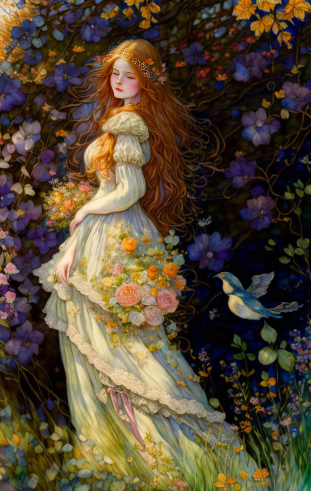 Vibrant garden scene: woman with red hair and flowers, bird nearby