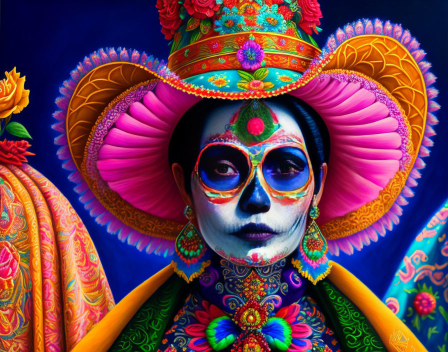 Colorful portrait of person with elaborate face paint and festive attire