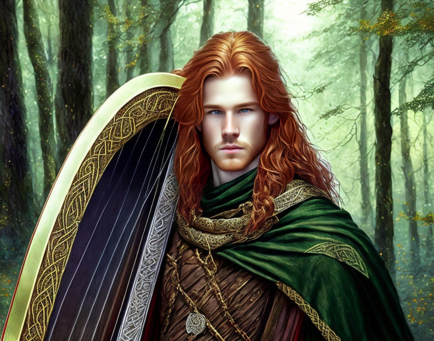 Fantasy male elf with red hair and shield in enchanted forest