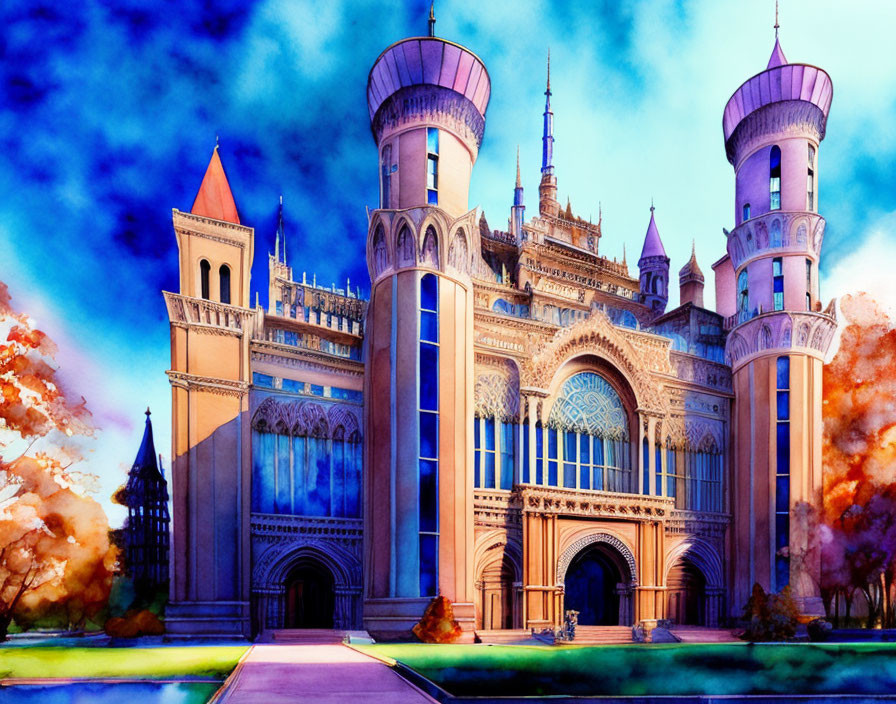 Illustration of fairy-tale castle with purple spires and gothic architecture in autumn setting