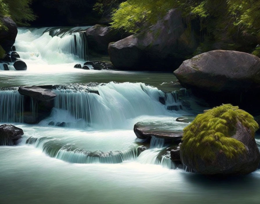 Tranquil forest scene with cascading waterfall and moss-covered boulder