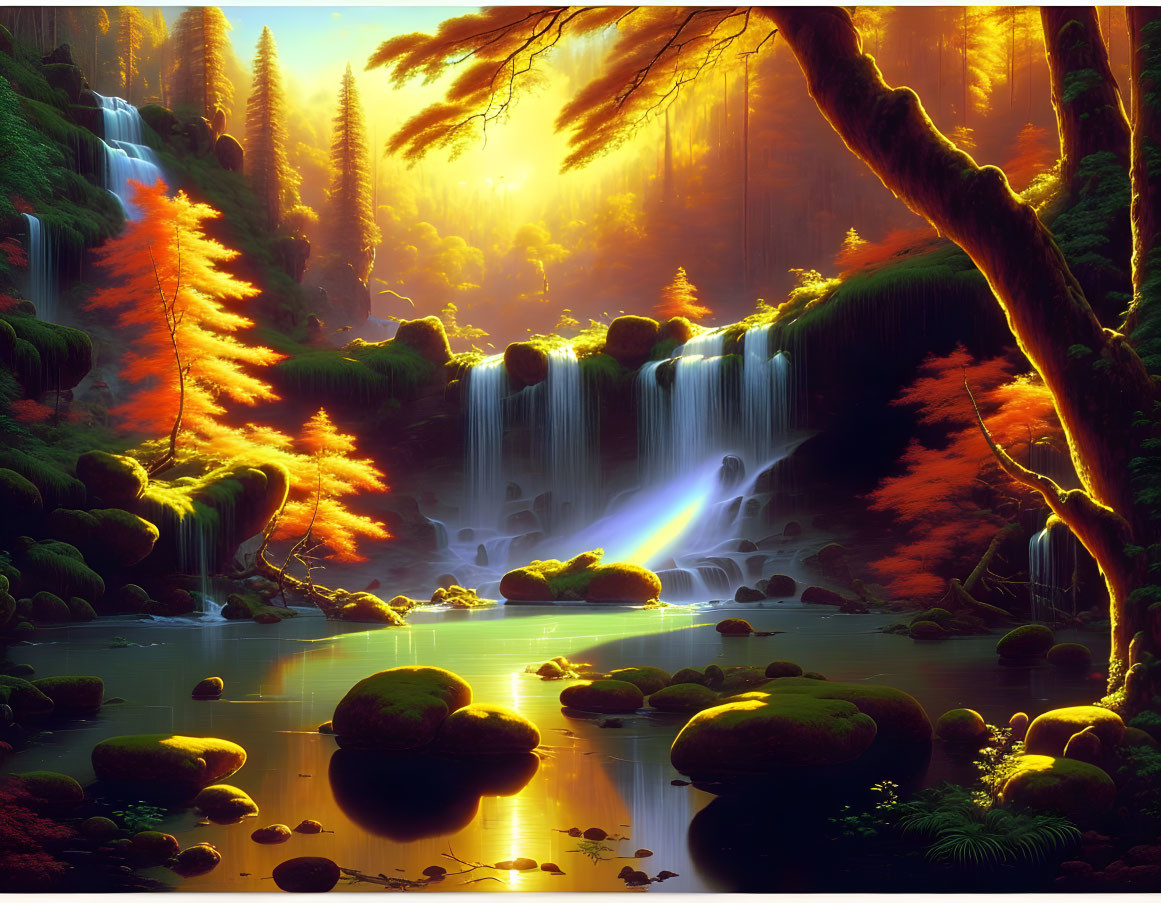 Digital artwork of mystical forest with lush greenery, waterfalls, sunlight, autumnal trees, and